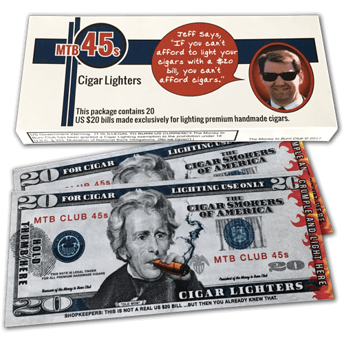 Money to Burn Club, MTB 45s, $20 Novelty Cigar Lighters Box on top of 2 $20 Bills