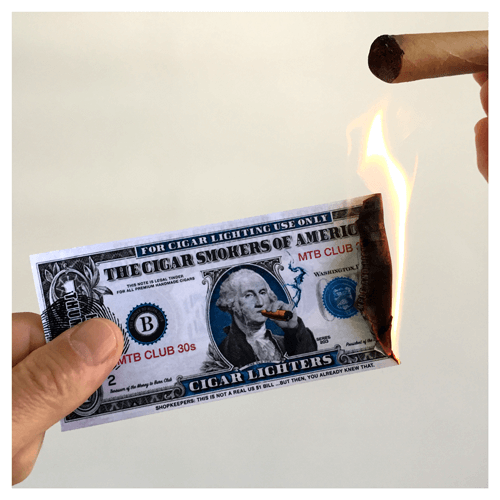 Lighting a cigar with an MTB 30s $1 bill from the Money to Burn Club